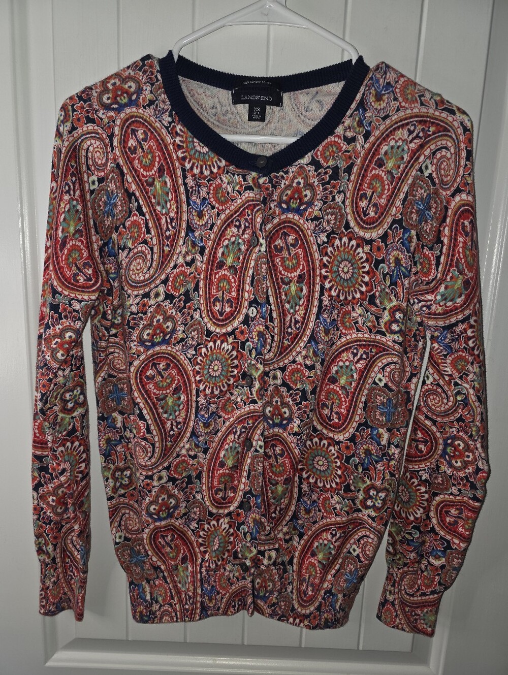 Lands' End Women's Red Paisley Crewneck Sweater 100% Cotton XS
